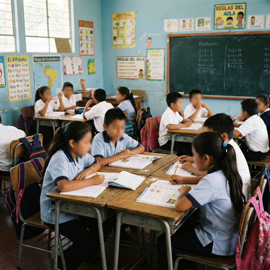Elementary school children in uniforms seated at desks working on assignments with books and pencils in classroom
